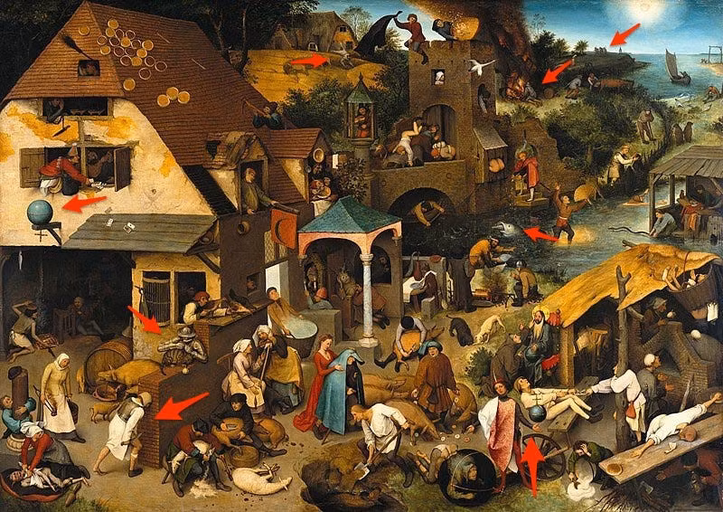 Bức tranh "Netherlandish Proverbs" mới nhìn trông có vẻ như không có gì đặc biệt ngoài cảnh đường phố Hà Lan bận rộn nhưng nếu nhìn kỹ bạn sẽ thấy mỗi hình ảnh là một thông điệp về cuộc sống. Chẳng hạn như hình ảnh một con cá đang ăn một con cá khác ẩn dụ cho câu "cá lớn nuốt cá bé", hay một người đàn ông đang giữ một quả địa cầu ẩn ý cho việc nắm lấy thế giới trong lòng bàn tay..../.