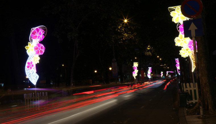 Các tuyến đường như Lê Duẩn, Nam Kỳ Khởi Nghĩa, Đồng Khởi, Nguyễn Huệ... (quận 1) được trang trang trí các tiểu cảnh, bông hoa... toả sáng rực rỡ qua ánh đèn Led nhiều màu.