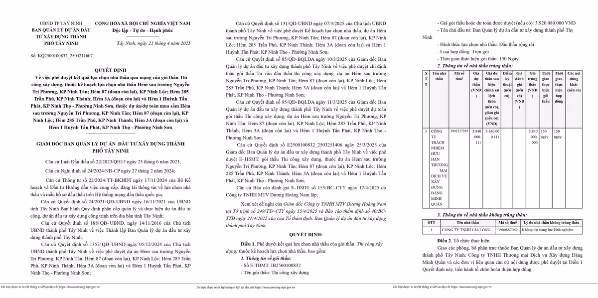 Quyết định số KQ2500100832_2504211607 phê duyệt cho Công ty Đặng Minh Quân trúng thầu (Nguồn MSC)