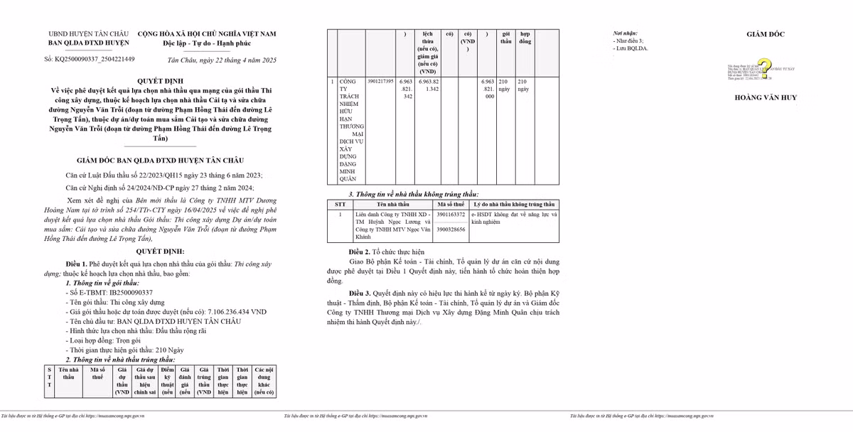 Quyết định số KQ2500090337_2504221449 phê duyệt cho Công ty TNHH Thương mại Dịch vụ Xây dựng Đặng Minh Quân trúng thầu (Nguồn MSC)