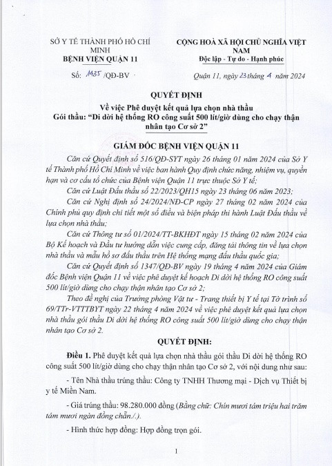 TP. HCM: BV Q.11 chi dinh 18 goi thau cho Cty y te mien Nam