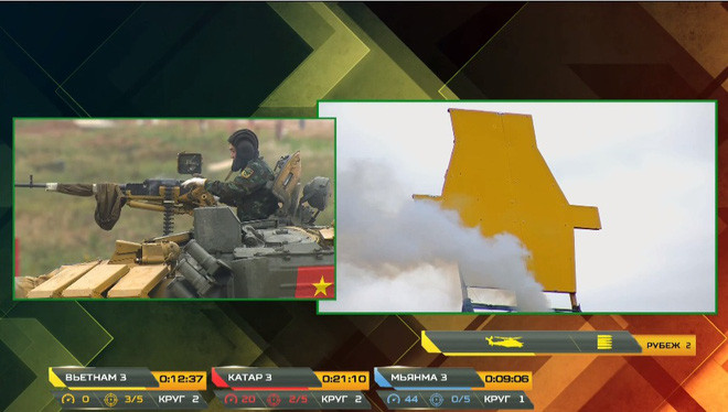 Ngay sau khi thực hiện bắn 3 mục tiêu trên, xe tăng QĐND Việt Nam chạy vòng 2, tiếp tục vượt qua các chướng ngại vật để đến khu vực bắn tiếp theo. Sau đó, các VĐV của Đội tuyển Xe tăng Việt Nam cũng dễ dàng hạ gục mục tiêu số 25 (máy bay trực thăng) bằng súng 12,7mm ở khoảng cách 800-1.000m.