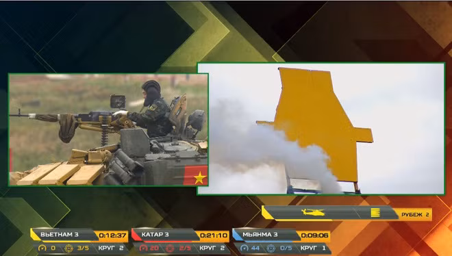 Ngay sau khi thực hiện bắn 3 mục tiêu trên, xe tăng QĐND Việt Nam chạy vòng 2, tiếp tục vượt qua các chướng ngại vật để đến khu vực bắn tiếp theo. Sau đó, các VĐV của Đội tuyển Xe tăng Việt Nam cũng dễ dàng hạ gục mục tiêu số 25 (máy bay trực thăng) bằng súng 12,7mm ở khoảng cách 800-1.000m.