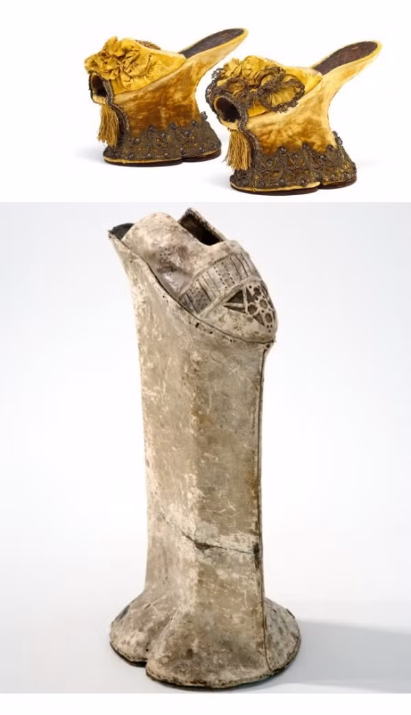  Giày Chopines: Giày Chopines hay còn được gọi là zoccoli hoặc pianelle, là một trong những loại giày cao gót cổ nhất có đế cao đến 50cm. Thường thì những người muốn đeo nó cần đến sự trợ giúp của người khác. Loại giày này rất nặng nề và khó di chuyển, tuy nhiên nó vẫn được ưu chuộng, một phần để tăng chiều cao cho chủ nhân, một phần để tránh cho việc quần áo bị vấy bẩn.