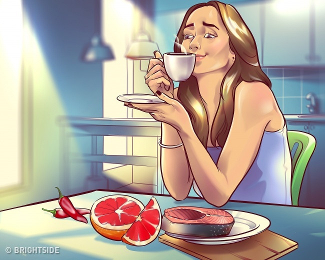 Bạn nên bổ sung vào thực đơn của bạn với cá hồi, trứng, các loại hạt, dầu ô liu, ớt nóng và trà xanh để tăng cường sự trao đổi chất và đốt cháy chất béo hiệu quả hơn.