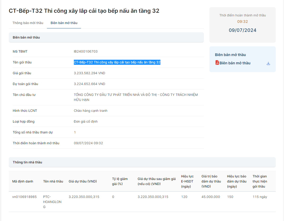 Gói thầu CT-Bếp-T32 của HUD có về tay PTC- Hoàng Long? Goi thau CT-Bep-T32 cua HUD co ve tay PTC- Hoang Long?