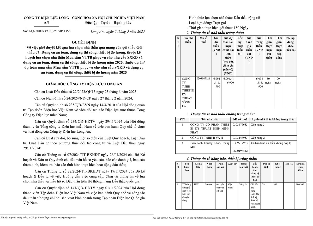 Cty Sông La thắng gói thầu cung cấp thiết bị cho Điện lực Long An Cty Song La thang goi thau cung cap thiet bi cho Dien luc Long An