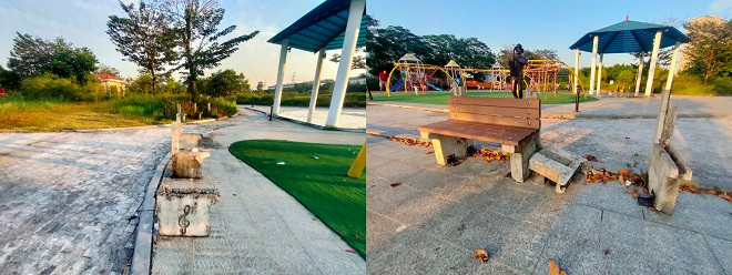 Hàng loạt ghế đá trong công viên bị gãy đổ, trơ trọi những thanh sắt hoen gỉ nhưng chưa được thay thế. 