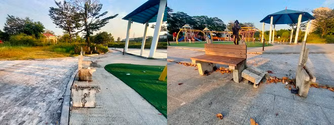 Hàng loạt ghế đá trong công viên bị gãy đổ, trơ trọi những thanh sắt hoen gỉ nhưng chưa được thay thế. 