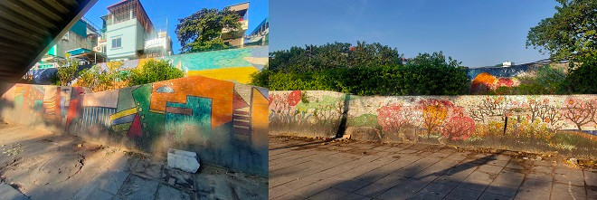 Con đường nhếch nhác, nhem nhuốc với hàng loạt các mảng đen kịt bám dính trên các bức tranh gốm.