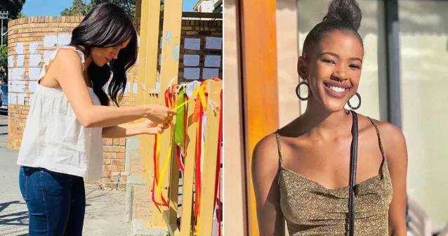 Ngày 28/9, nữ Công tước xứ Sussex đã đến thăm khu tưởng niệm của Uyinene Mrwetyana, nữ sinh viên 19 tuổi của Đại học Cape Town bị sát hại hồi trước. Ảnh: Metro.