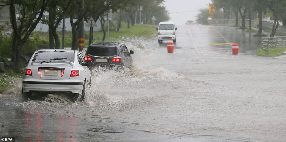 Con đường ngập nước tại một khu nghỉ dưỡng trên đảo Jeju, Hàn Quốc. Ảnh: EPA.