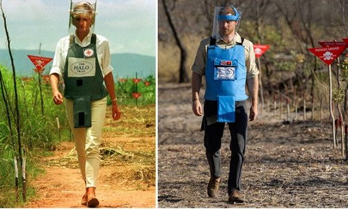 Đây cũng chính là nơi mẹ của Hoàng tử Harry, cố Công nương Diana, đặt chân đến 22 năm về trước. Vào năm 1997, Công nương Diana (trái) đã bước qua một bãi mìn ở Angola, thu hút sự chú ý toàn cầu đối với cuộc khủng hoảng bom mìn và sức hủy hoại của loại vũ khí này đối với cuộc sống người dân nơi đây.