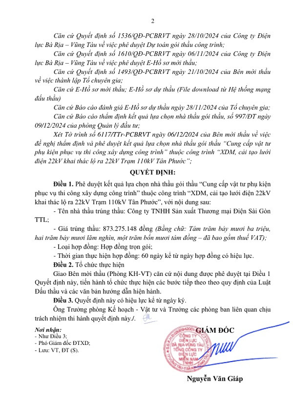 Cty Sai Gon TTL trung lien 2 goi cung cap vat tu Dien luc BR-VT