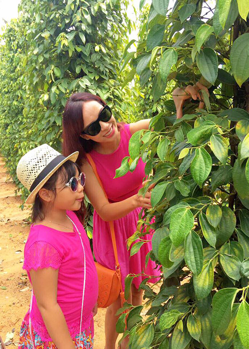 Nhóc tì của "Bố ơi! Mình đi đâu thế?" thích thú thăm vườn tiêu ở Phú Quốc cùng mẹ. (Ảnh: cựu người mẫu Thúy Hạnh)