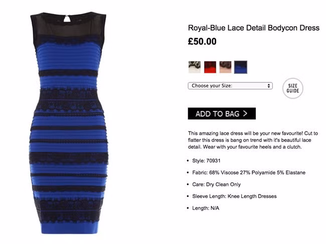 Nguyên nhân của sự biến đổi màu sắc kỳ diệu này nằm ở cách thức chúng ta nhận thức màu sắc. Theo Andrew Lotery, giáo sư ngành nhãn khoa từ Đại học Southampton (Anh), sự khác biệt trong cách chúng ta nhận thức màu sắc phụ thuộc vào nhiều yếu tố, ví dụ như điều kiện ánh sáng, thiết bị xem hình, thậm chí cả tuổi tác và giới tính người xem. Ánh sáng và thiết bị sử dụng gây tác động đến màu sắc của hình nền. Sự thật thì khoa học đã kết luận chiếc váy nổi tiếng này có màu xanh đen.