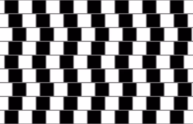 10. Ảo ảnh Café wall - tường café Hình ảnh nổi tiếng này đã được nhà tâm lý học Richard Gregory đặt tên là "Ảo giác tranh tường quán cà phê” vào những năm 1970. Loại ảo giác quang học cổ điển có từ cuối những năm 1800. Có thể bạn sẽ thấy đây là những đường đen-trắng "xô lệch" vào nhau, nhưng thực chất, chúng là những đường thẳng song song với nhau. Các nhà khoa học chứng minh, chính khoảng cách giữa các ô và hàng gạch, cùng độ tương phản giữa hai màu trắng - đen là nguyên nhân dẫn đến hiện tượng này.