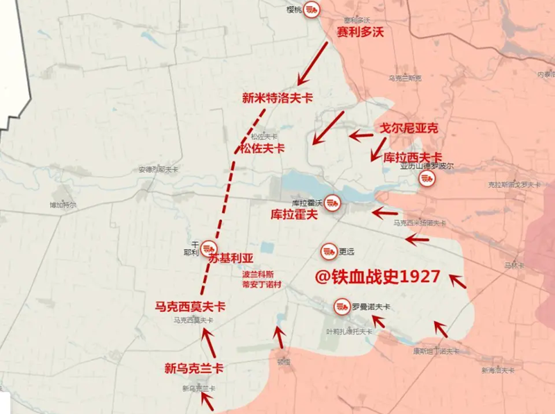 Khi nhận ra điều này, Quân đội Ukraine ở Kurakhove đã bắt đầu tăng cường lực lượng từ tuần trước dọc theo tuyến Zarya-Sontsivka-Starye Terny, cố gắng xây dựng một tuyến phòng thủ mới tại đây nhằm ngăn chặn quân Nga. Nếu thành công, quân Ukraine có thể kéo dài thời gian phòng thủ tại Kurakhove. Ảnh: Sina.