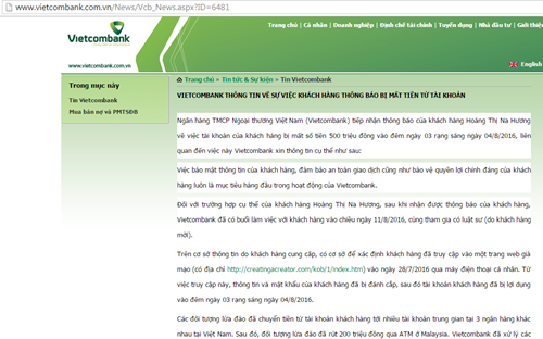 Vietcombank giải thích rằng, nguyên nhân của việc mất tiền trong tài khoản xảy ra bởi chị Hương bị đánh cắp thông tin tài khoản do trước đó truy cập vào đường link giả mạo