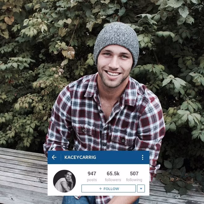 Kacey Carrig, sinh năm 1992, là một người mẫu của Mỹ. Kacey không chỉ nổi tiếng nhờ tài khoản Instagram với những bức ảnh đẹp lung linh, mà còn vì những tấm hình anh chụp chung với chú mèo của mình. "Trai đẹp thì ai cũng thích. Nhưng trai đẹp yêu động vật, không một cô gái nào có thể từ chối được sức hấp dẫn này", tap chí Vogue nhận xét về Kacey.