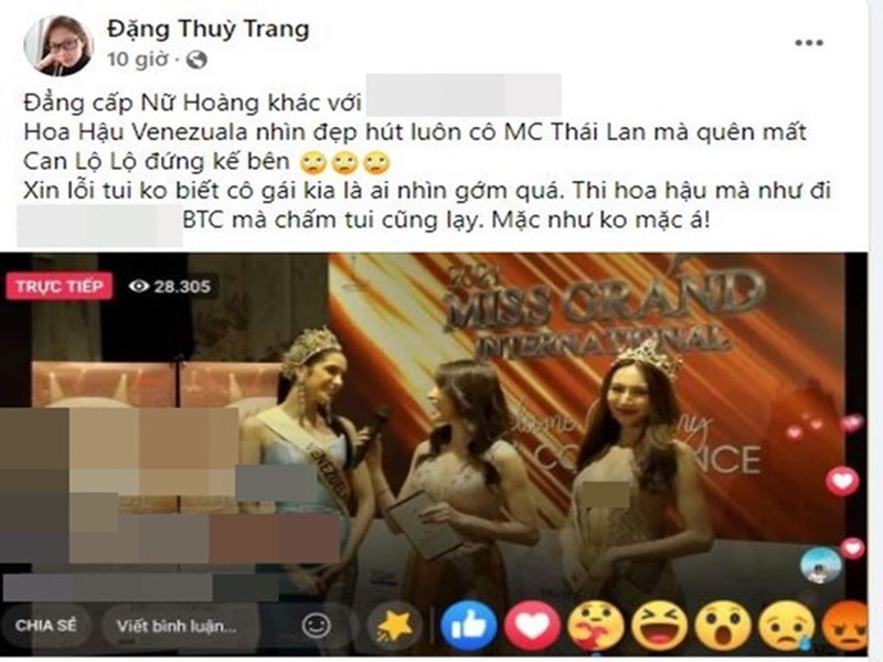 Thùy Trang còn liên tục đăng tải status chê trang phục của Thùy Tiên tại cuộc thi. Chị gái Thu Thảo cho rằng Thùy Tiên mặc hở như Can Lộ Lộ. Ảnh chụp màn hình