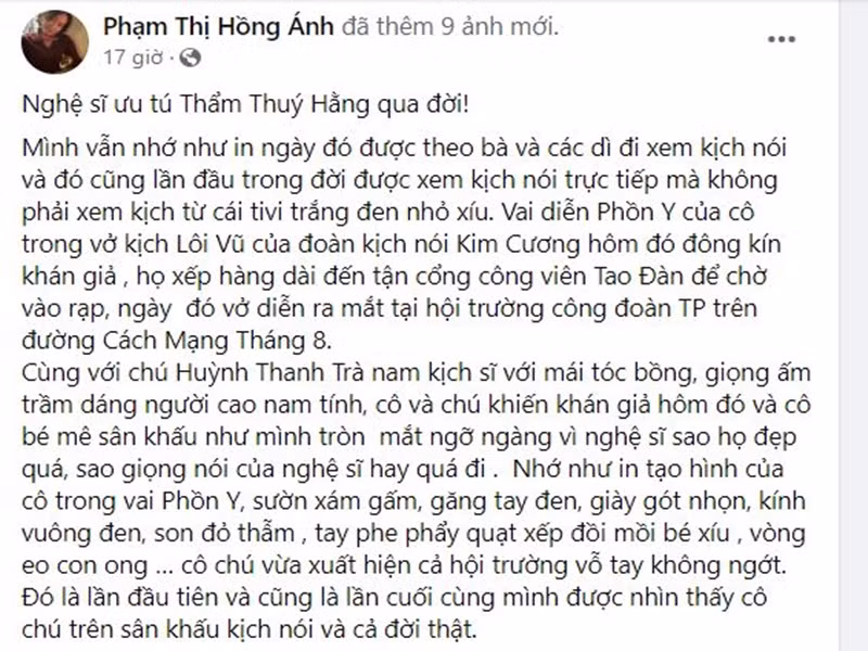 Diễn viên Hồng Ánh nhớ lại vai diễn Phồn Y của Thẩm Thúy Hằng trong vở kịch “Lôi Vũ”. Ảnh chụp màn hình