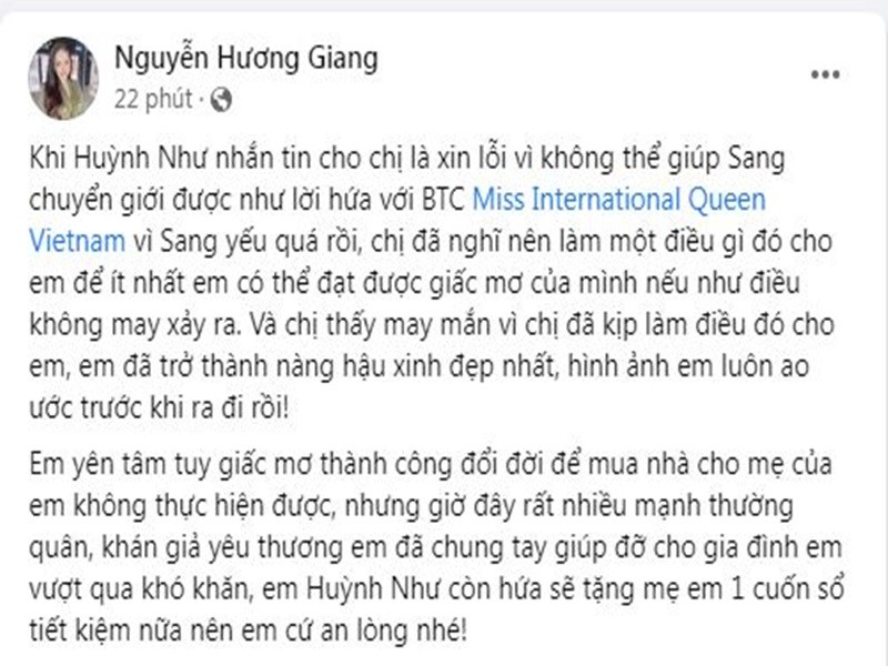  Người mẫu Châu Kim Sang qua đời vào chiều ngày 3/9. Trước khi Kim Sang ra đi, Hương Giang đã kịp đem vương miện của mình đến để mẹ Châu Kim Sang đội cho nữ người mẫu. Hương Giang mong Kim Sang an lòng vì các mạnh thường quân sẽ chung tay thực hiện ước mơ mua nhà cho mẹ của Kim Sang.