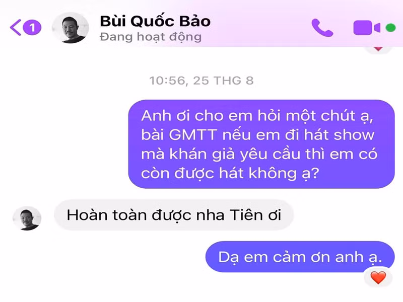 Thủy Tiên đăng ảnh chụp tin nhắn với nhạc sĩ Quốc Bảo làm bằng chứng. Ảnh: FBNV