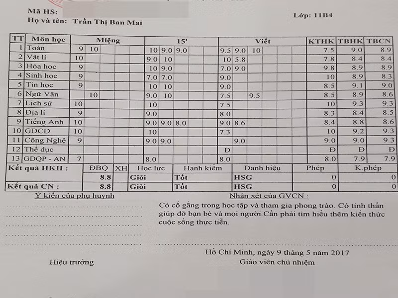 Ban Mai khoe điểm trung bình tất cả các môn trong học kỳ 2 năm học lớp 11 là 8,8. Ảnh: FBNV