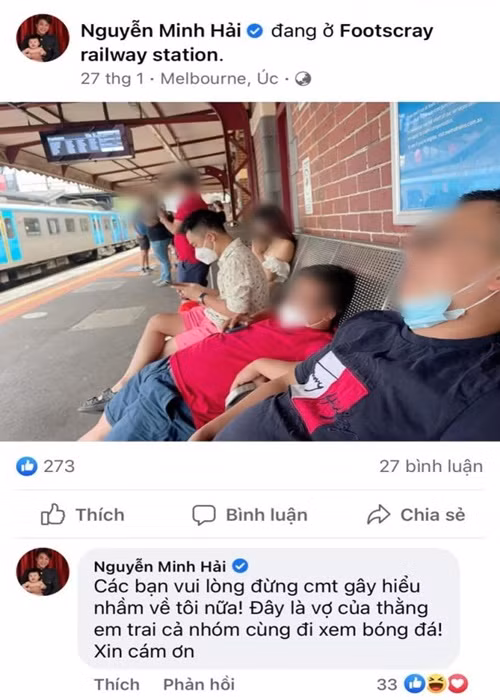 Sau khi chia tay Hòa Minzy, giữa tháng 2/2022, Minh Hải bị soi khi đăng ảnh ngồi bên cô gái lạ. Trước những đồn đoán, tình cũ Hòa Minzy cho hay: "Các bạn vui lòng đừng bình luận gây hiểu lầm về tôi nữa! Đây là vợ của người em trai, cả nhóm cùng đi xem bóng đá”. Ảnh: Công lý và xã hội