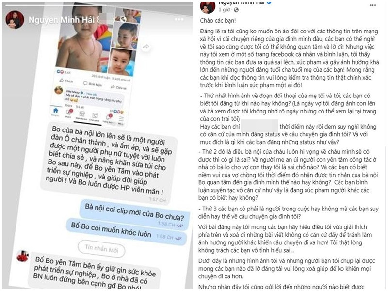 Tình cũ Hòa Minzy từng tỏ ra rất bức xúc khi nội dung tin nhắn vào tháng 8/2021 giữa anh và mẹ đẻ bị antifan xuyên tạc rằng mẹ của anh không hài lòng với Hòa Minzy. “Đó là điều bà nội của cháu luôn hy vọng về cháu mình sẽ có được thì có gì là sai? Và người mẹ an ủi người con yên tâm công tác ở nhà có bà lo cho vợ con thay tôi là sai chỗ nào?”, Minh Hải lên tiếng. Ảnh: Vietnamnet, chụp màn hình