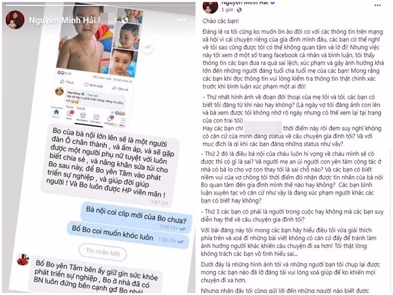 Tình cũ Hòa Minzy từng tỏ ra rất bức xúc khi nội dung tin nhắn vào tháng 8/2021 giữa anh và mẹ đẻ bị antifan xuyên tạc rằng mẹ của anh không hài lòng với Hòa Minzy. “Đó là điều bà nội của cháu luôn hy vọng về cháu mình sẽ có được thì có gì là sai? Và người mẹ an ủi người con yên tâm công tác ở nhà có bà lo cho vợ con thay tôi là sai chỗ nào?”, Minh Hải lên tiếng. Ảnh: Vietnamnet, chụp màn hình