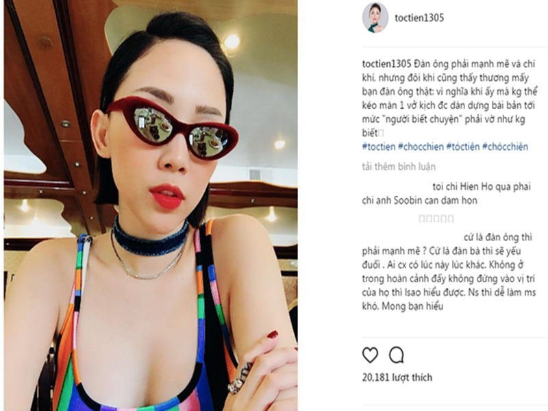 Giữa ồn ào tình ái của Hiền Hồ, Tóc Tiên đăng status bóng gió về học trò: "Đàn ông phải mạnh mẽ và chí khí nhưng đôi khi cũng thấy thương mấy bạn đàn ông thật. Vì nghĩa khí mà không thể kéo màn một vở kịch được dàn dựng bài bản tới mức "người biết chuyện" phải vờ như không". Ảnh: Dân Việt