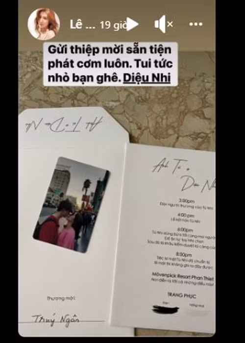 Thúy Ngân hài hước nhắn nhủ Diệu Nhi: “Gửi thiệp mời sẵn tiện phát cơm luôn. Tôi tức nhỏ bạn ghê”.