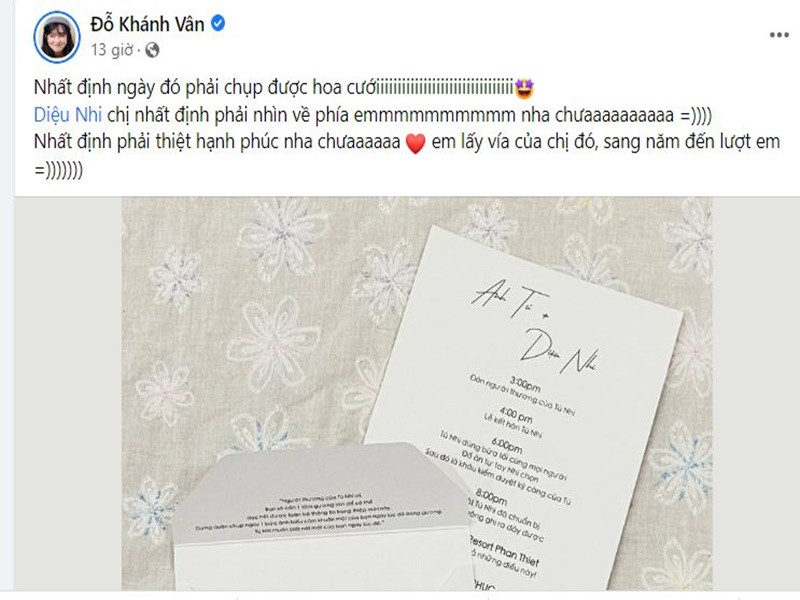 Khánh Vân “Mắt biếc” muốn bắt được hoa cưới của Diệu Nhi để “xin vía”. “Nhất định ngày đó phải chụp được hoa cưới. Chị nhất định phải nhìn về phía em nha. Nhất định phải thật hạnh phúc nha. Em lấy vía của chị đó, sang năm đến lượt em”, Khánh Vân bày tỏ.