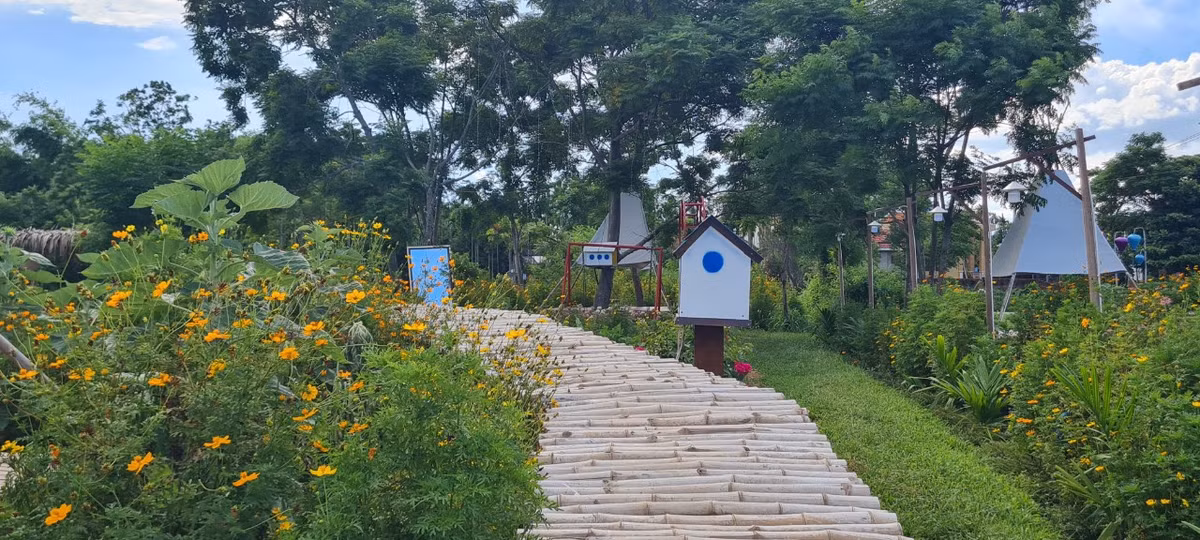 Du khách lạc bước trên những con đường quanh co được ghép bằng tre, tô điểm bởi nhiều tiểu cảnh và các loài hoa dại.