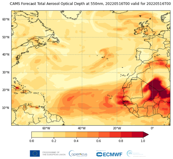 Dịch vụ Giám sát khí quyển Copernicus (CAMS) của Cơ quan Vũ trụ châu Âu ESA đã phát hiện một "bóng ma" màu đỏ khổng lồ đang di chuyển từ sa mạc Sahara, băng qua Đại Tây Dương, tiến về phía vùng Caribean.