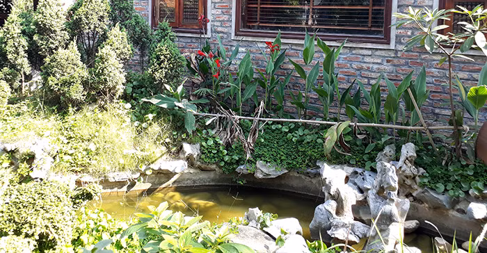 Một hồ nước nhỏ được sắp đặt trong khuôn viên ngôi nhà. Theo phong thủy, không những điều hòa không khí, mang lại sức sống cho không gian nhà ở, hồ nước còn có thể sinh tài, tụ tài, dòng nước chảy giúp kích thích tài khí. Cũng theo phong thủy, ao hồ mang nguồn năng lượng âm, chủ nhân ngôi nhà đã thể hiện sự tinh ý của mình khi bố trí thêm đá tự nhiên (mang năng lượng đương) để cân bằng âm dương trong khu vườn.