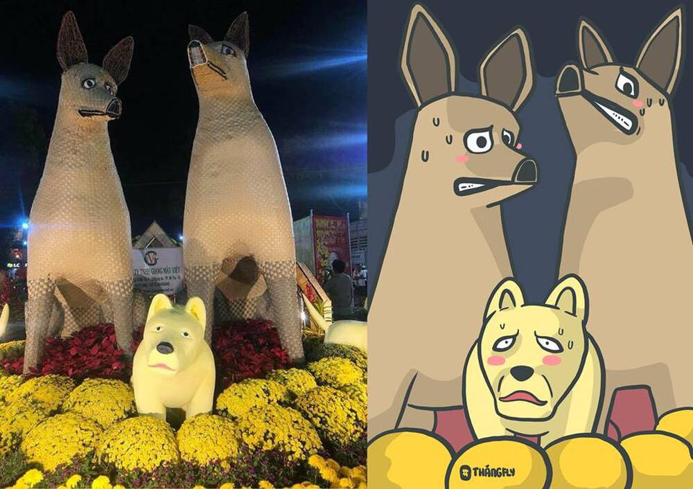 Biểu cảm khó hiểu của linh vật Tuất tại phố hoa xuân ở thành phố Mỹ Tho.