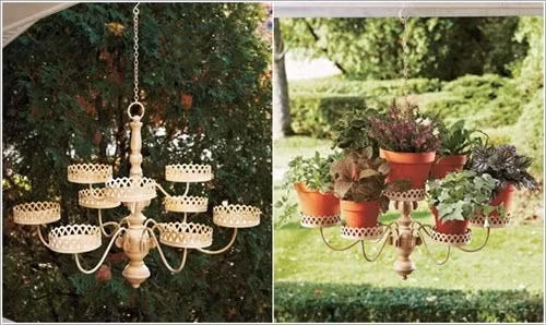 Tận dụng một chiếc đèn trùm hoặc giá nến cỡ lớn để thiết lập một vườn treo độc đáo.