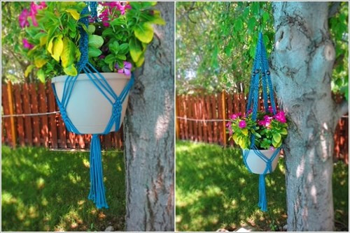 Ở một ý tưởng khác, sử dụng những sợi vải màu sắc sặc sỡ đan bện vào nhau như một tấm lưới để đỡ chậu hoa.