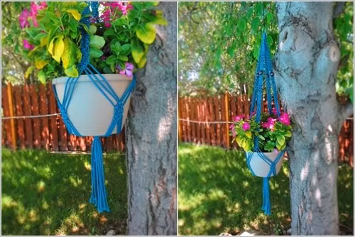 Ở một ý tưởng khác, sử dụng những sợi vải màu sắc sặc sỡ đan bện vào nhau như một tấm lưới để đỡ chậu hoa.