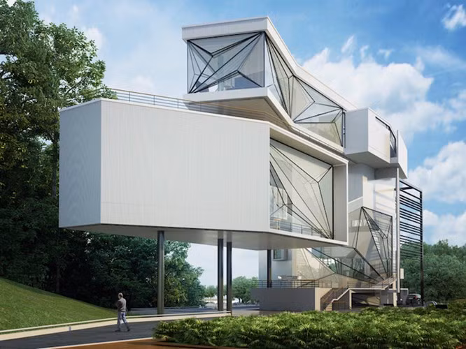 Ngoại thất của biệt thự được cấu tạo như là một phần của các bộ phận máy bay tháo rời.