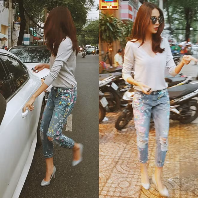 Mẫu quần sơn loang lổ cá tính của Thanh Hằng hiện đang là xu hướng hot của thời trang thế giới, vì thế không có gì ngạc nhiên khi cô vừa diện thì nó đã được các tín đồ thời trang tìm kiếm.