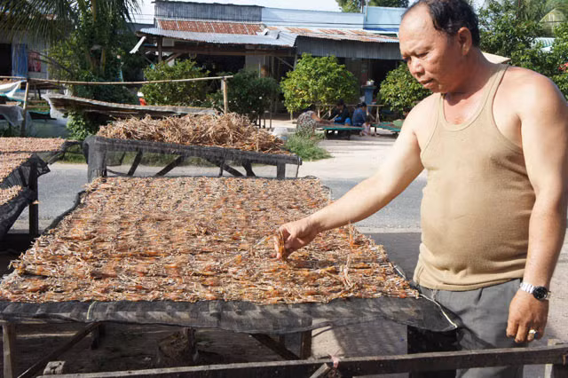 Anh Liền bên các giàn khô nhái sắp thành phẩm của mình.
