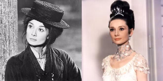 Eliza Doolittle (Audrey Hepburn) trong My Fair Lady từ cô gái nghèo miền quê Cockney thành công nương trong nháy mắt với váy áo sang trọng, trang điểm tinh tế và nữ trang lấp lánh.
