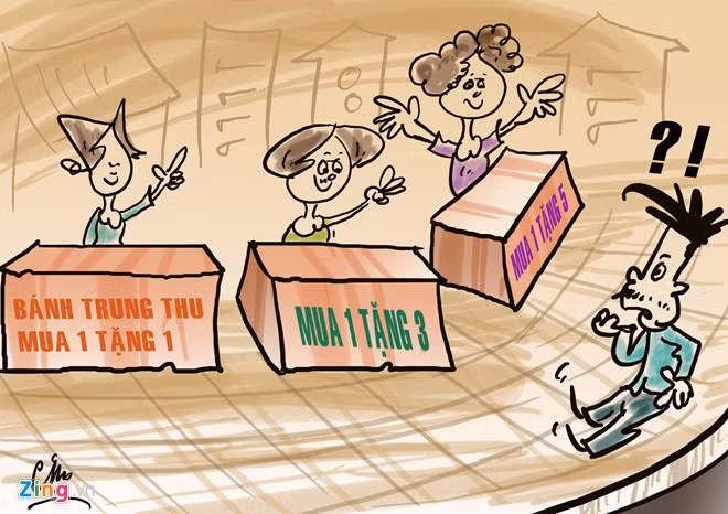 Càng gần đến rằm, tỷ lệ chiết khấu bánh càng lớn, từ mua 1 tặng 1 đã lên tới mua 1 tặng 3-4. Các chủ quầy cho biết, giảm kiểu này là lỗ cả tiền mặt bằng nhưng buộc phải làm để đẩy hàng sớm, mong bớt chi phí lương nhân viên, thuê địa điểm.