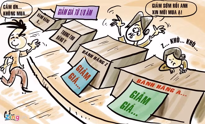 Khác với những năm trước, năm nay, bánh trung thu giảm giá khá sớm. Từ đầu tháng 8 âm lịch, các cửa hàng đã treo biển khuyến mại, giảm giá dồn dập.