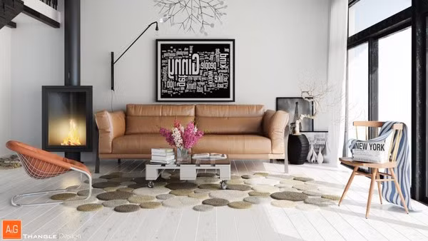 Phòng khách này mang hơi hướng retro với những món đồ giả cổ ấn tượng, cá tính. Ngoài ra phần thảm ấn tượng cũng có tác dụng không nhỏ trong việc tô điểm cho nơi tiếp khách này thêm đẹp.