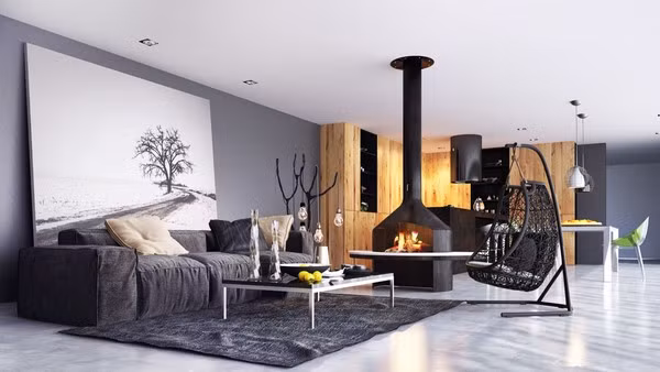 Đối với những chủ nhân ưa thích sự huyền bí, sang trọng thì mẫu phòng khách này rất đáng tham khảo. Ngồi chiếc sofa chữ I dài, nơi tiếp khách còn được bổ sung thêm 1 chiếc ghế treo ấn tượng. Và dù tất cả nội thất đều mang tông tối cách phối cùng màu trắng thông minh vẫn đảm bảo cho nơi này không bị u tối.